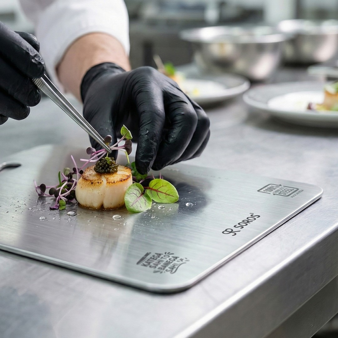 A sleek stainless steel chopping board in a modern kitchen setting, illustrating hygiene and durability.