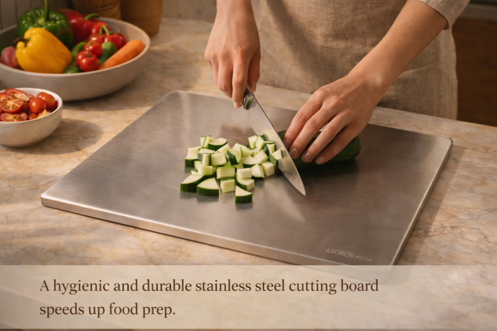 A hygienic and durable stainless steel cutting board speeds up food prep.