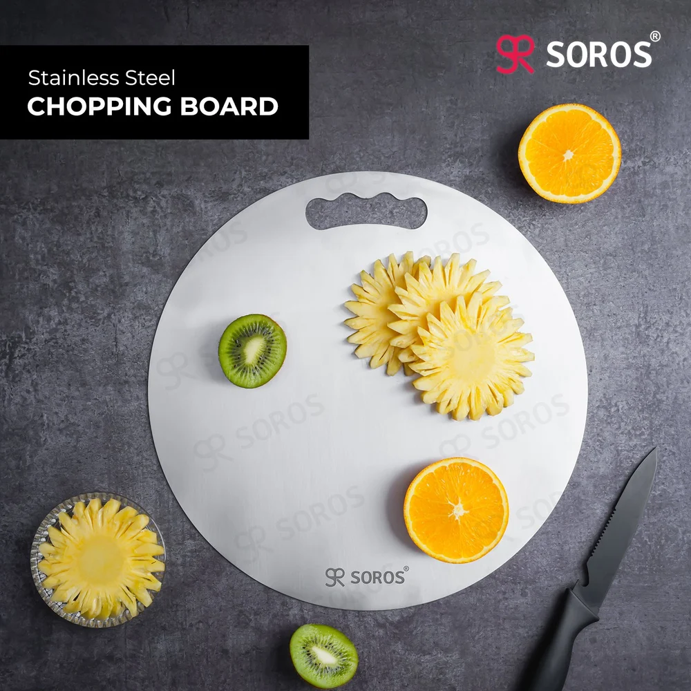 Stainless steel chopping board round in use